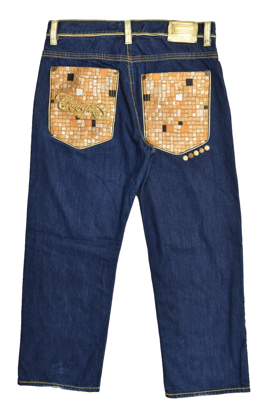 COOGI Mens Jeans 40x34 Blue Denim Baggy Loose Fit Gold Leather Mosaic Patch Em